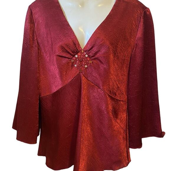 Vintage Y2K Babydoll Top Blouse Size S Red Satin V Neck Fairy Sequins Michele - Picture 1 of 9